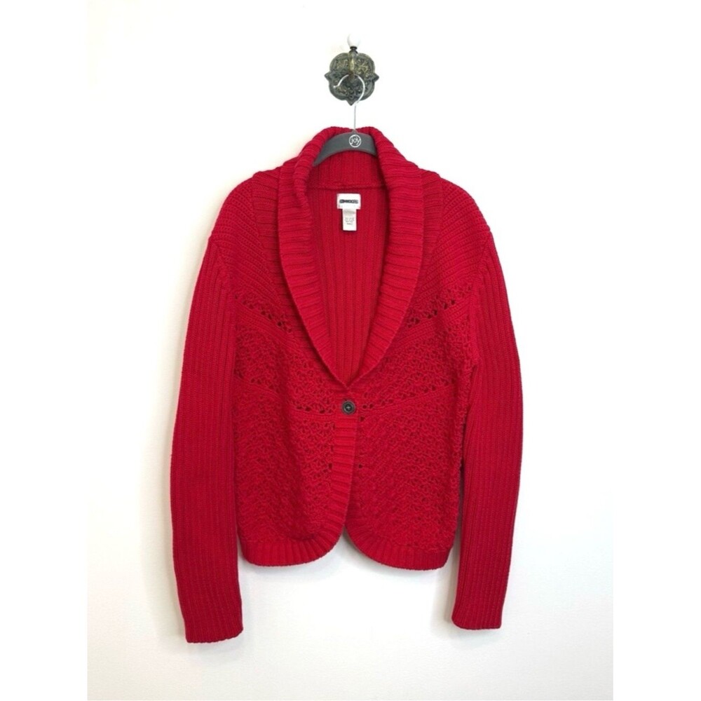 Chico's Red Chunky Knit Crochet Cardigan Sweater Shawl Collar Women's Size Large